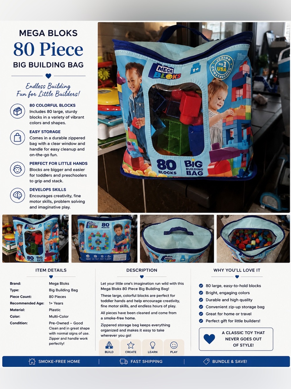 Mega Bloks 80-Piece Building Block Set in Blue Carry Bag